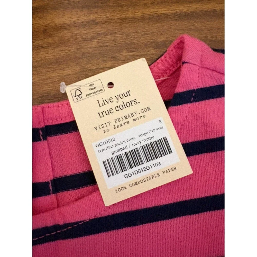 NWT Primary Long Sleeve Perfect Pocket Dress, Gumball with Navy Stripes, Size 3T